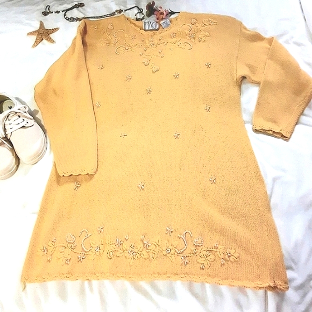 IMAGE Vintage Knit Sweater, Embroidered, Beaded, Yellow
